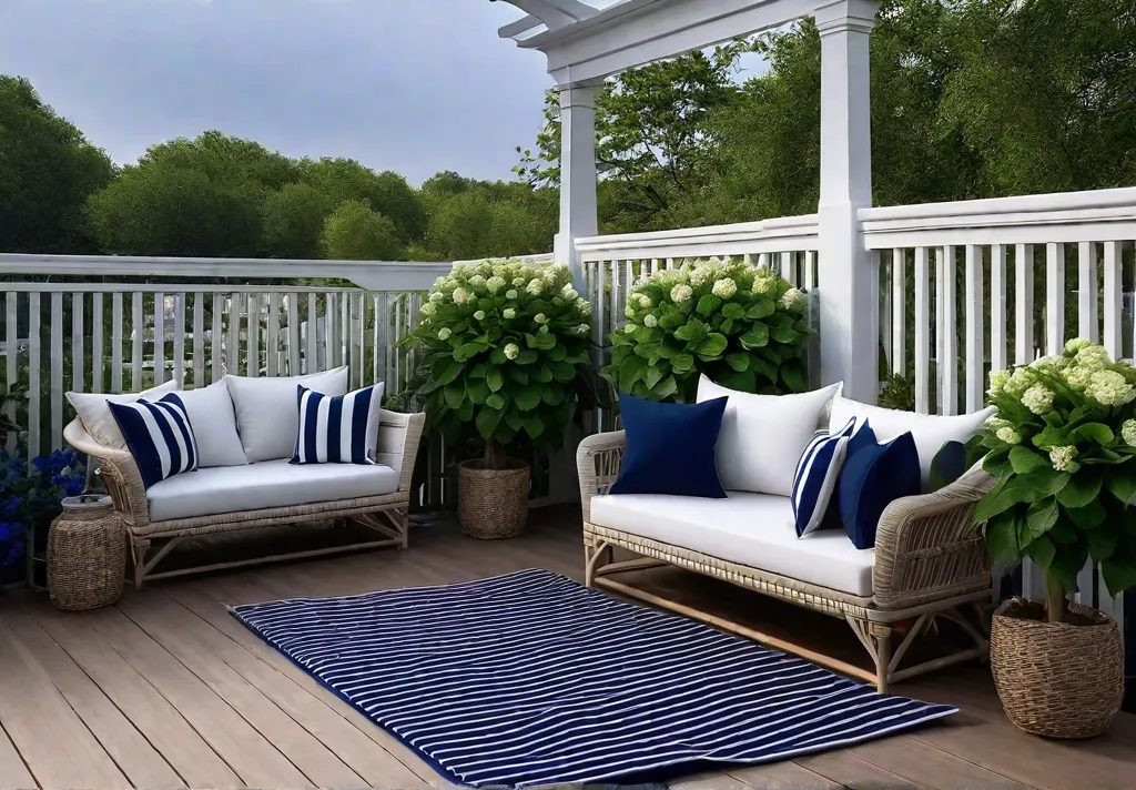 A charming porch with white wicker furniture adorned with navy cushions afeat