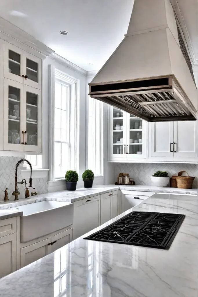 A classic kitchen with white cabinets marble countertops and a farmhouse sink