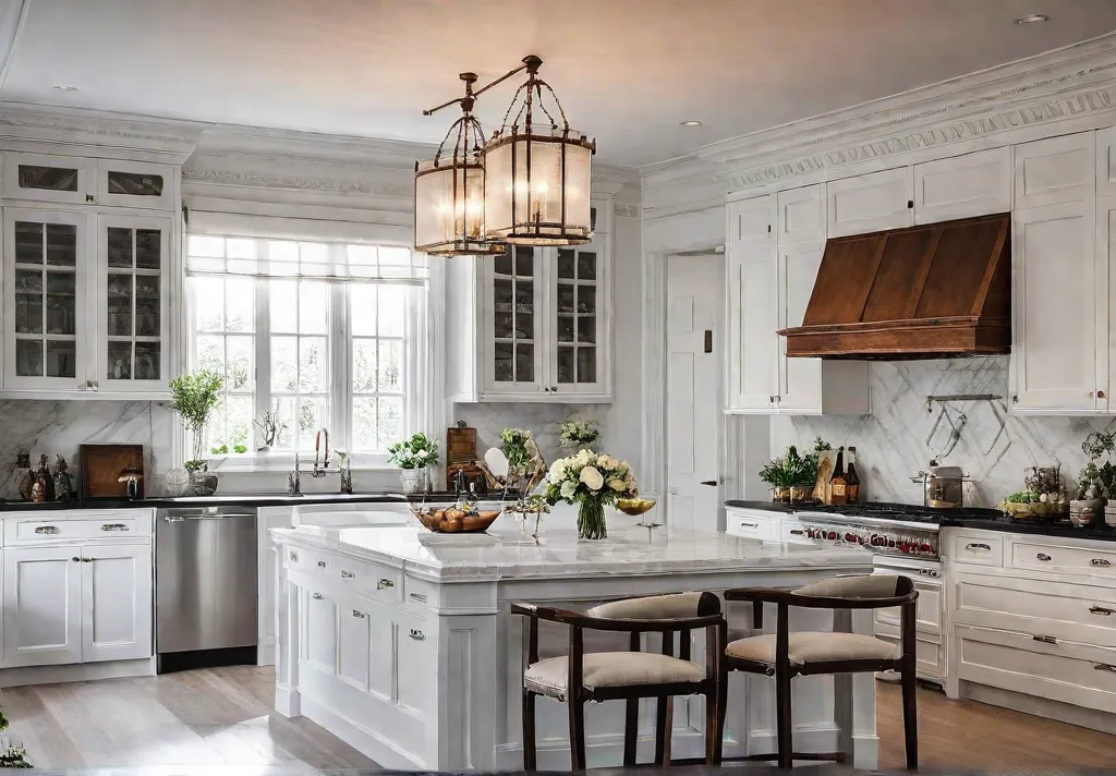 A classic white kitchen with intricate moldings marble countertops and a cozyfeat
