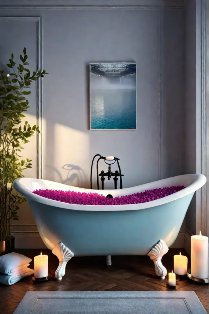 A clawfoot bathtub with luxurious bath accessories for a pampering experience