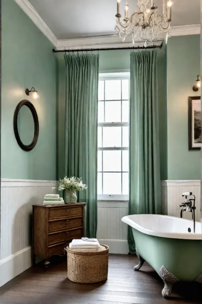 A clawfoot tub in a tranquil bathroom with sage green walls and