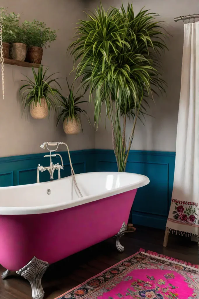 A clawfoot tub painted in a floral pattern in a bohemian bathroom