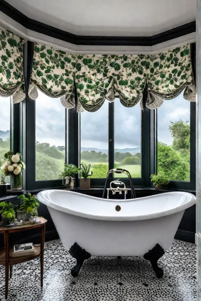 A clawfoot tub positioned under a window overlooking a garden in a