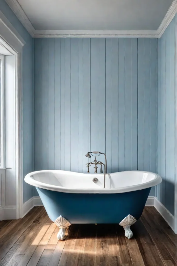 A clawfoot tub with a weathered wood bath tray in a coastalinspired