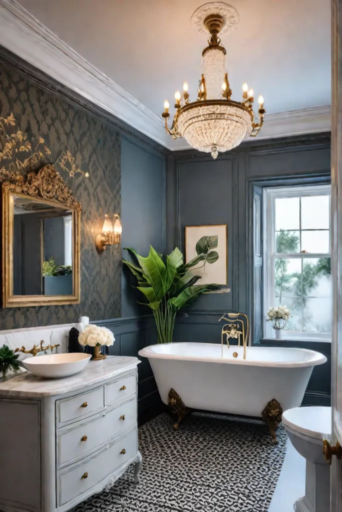 A clawfoot tub with antique brass fixtures in a Victorianinspired bathroom with
