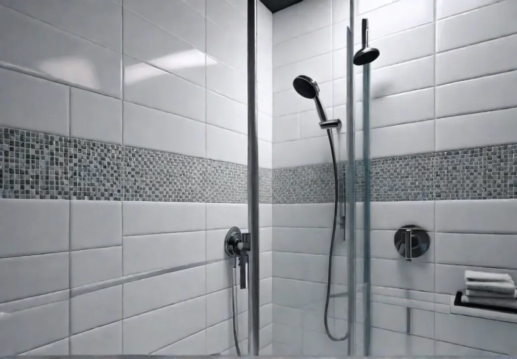 A closeup shot of a pristine white tiled shower with gleaming chromefeat