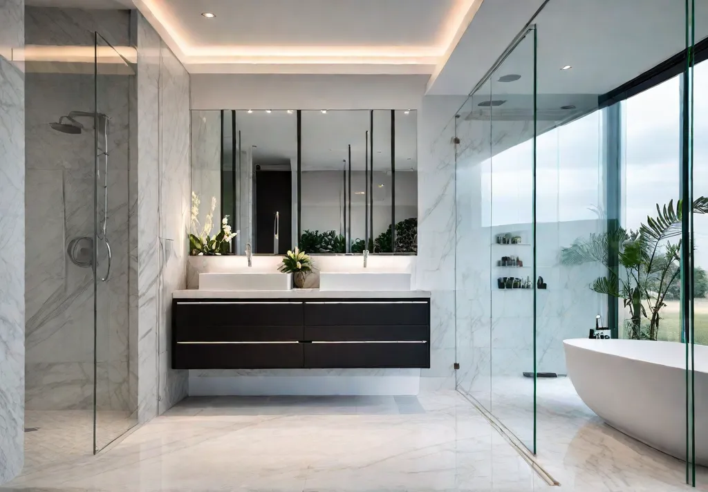 A contemporary bathroom with sleek white porcelain floor tiles a floating vanityfeat