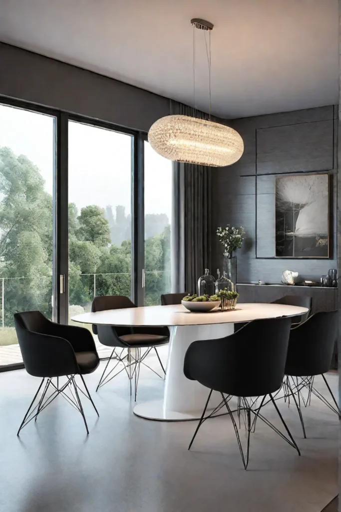 A contemporary dining room with an extendable ovalshaped table and modern highback