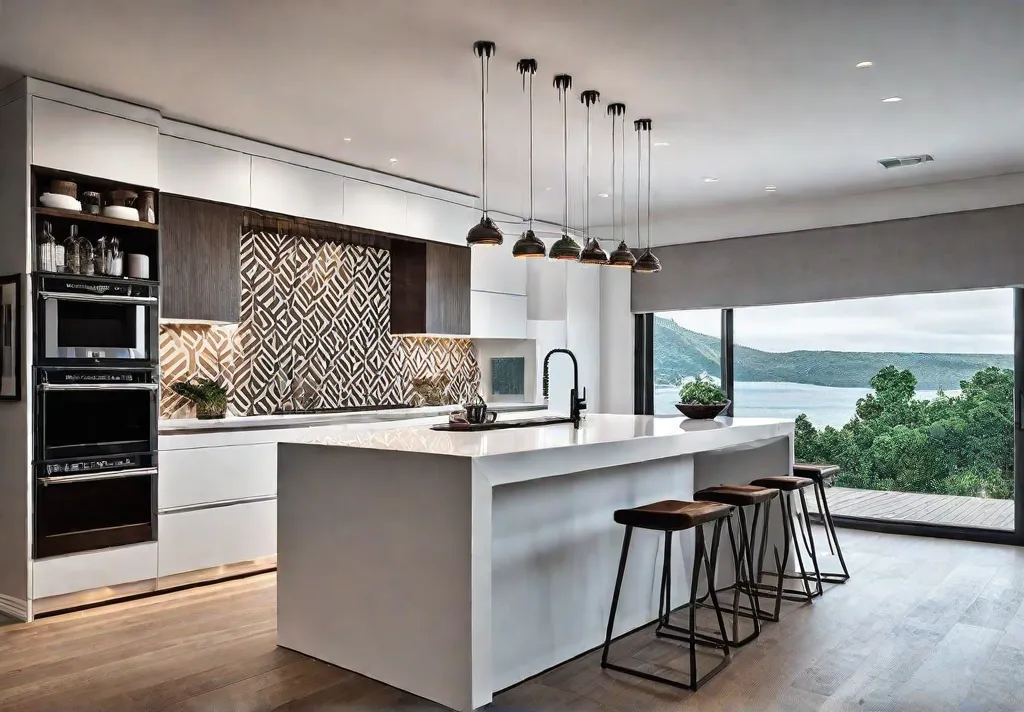 A contemporary kitchen with sleek white cabinetry a large island with afeat