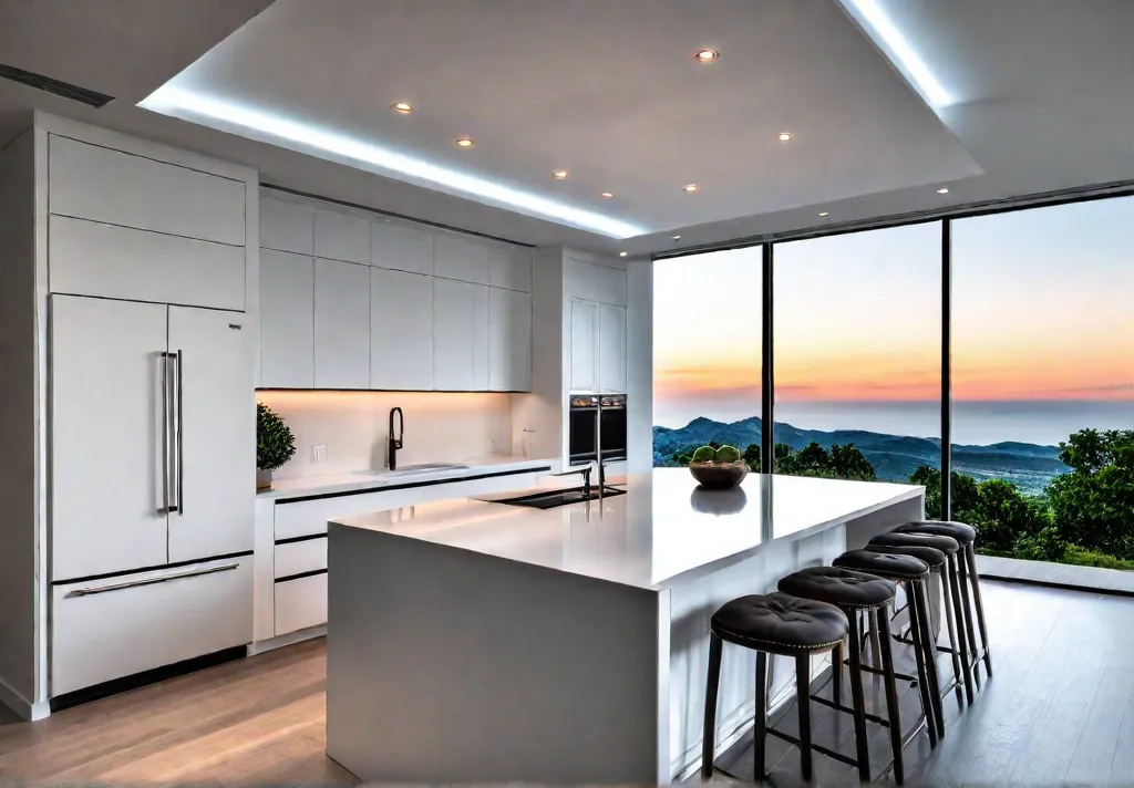 A contemporary kitchen with sleek white cabinetry minimalist quartz countertops and integratedfeat