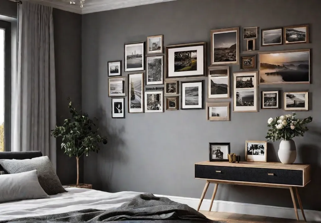 A cozy bedroom with a gallery wall showcasing a collection of framedfeat