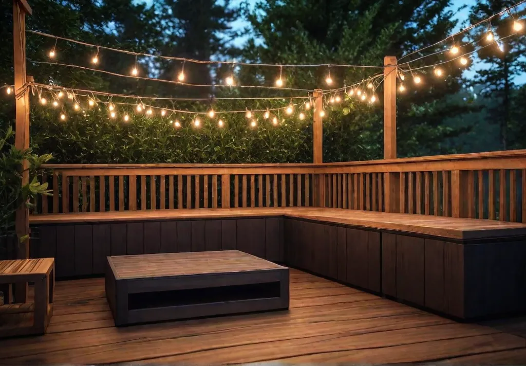 A cozy deck with string lights illuminating the space creating a warmfeat