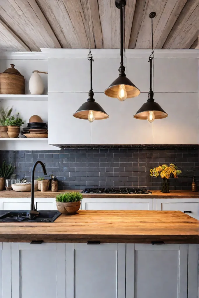 A cozy farmhouse kitchen with a beadboard backsplash featuring rustic wooden shelves
