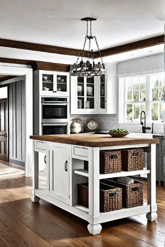 A cozy farmhouse kitchen with a kitchen island that boasts a distressed