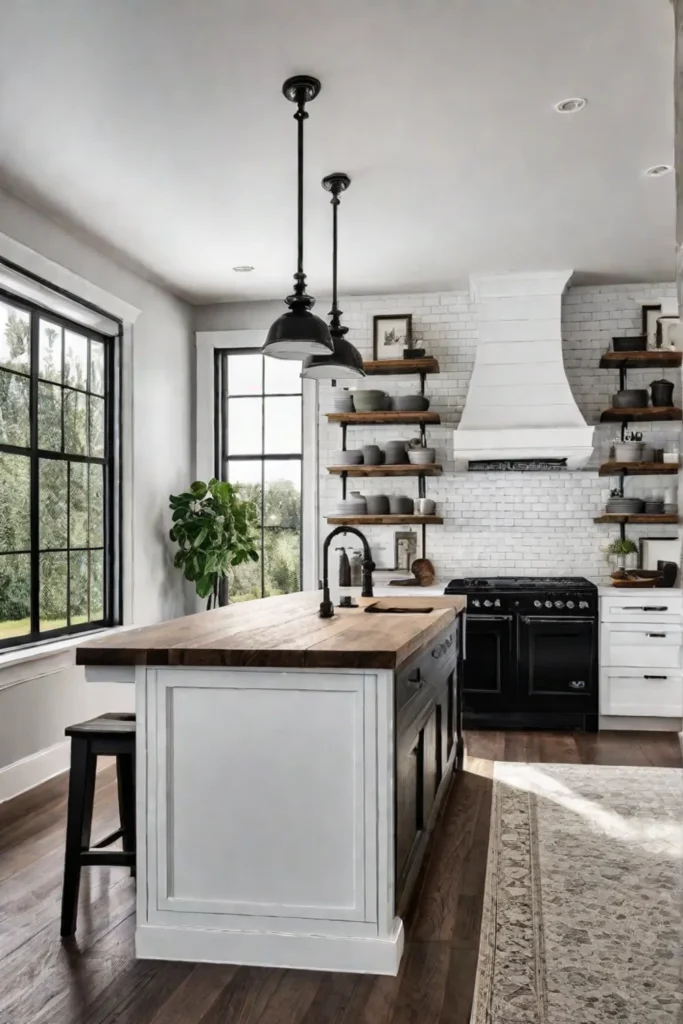 A cozy farmhouse kitchen with a kitchen island that features a shiplap