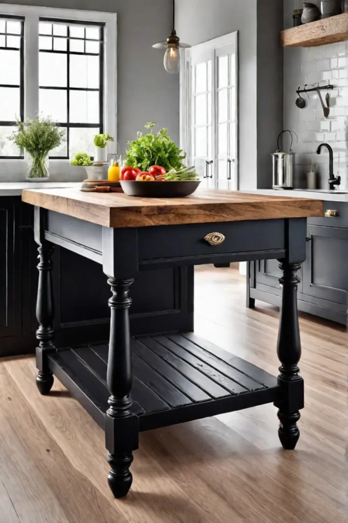 A cozy farmhouse kitchen with a large kitchen island featuring thick distressed