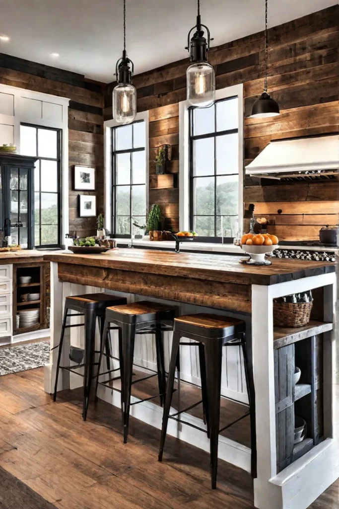 A cozy farmhouse kitchen with a large kitchen island made of reclaimed