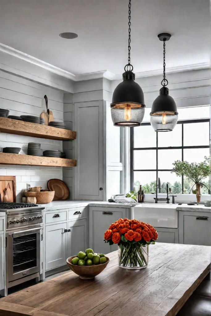 A cozy farmhouse kitchen with a prominent light fixture a combination of