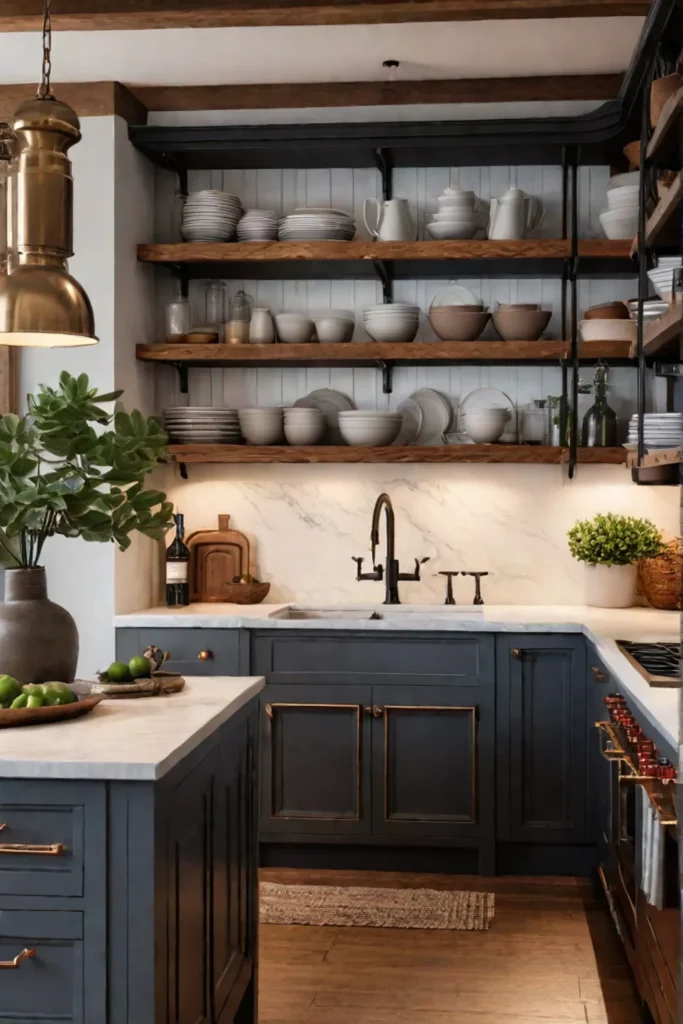 A cozy farmhouse kitchen with a prominent range a combination of open