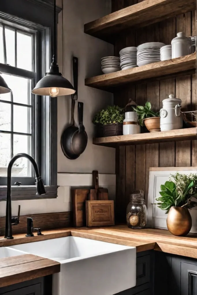 A cozy farmhouse kitchen with a shiplap backsplash showcasing a farmhousestyle sink
