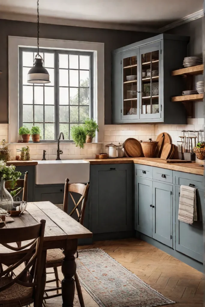 A cozy farmhouse kitchen with a warm inviting color palette and farmhouseinspired