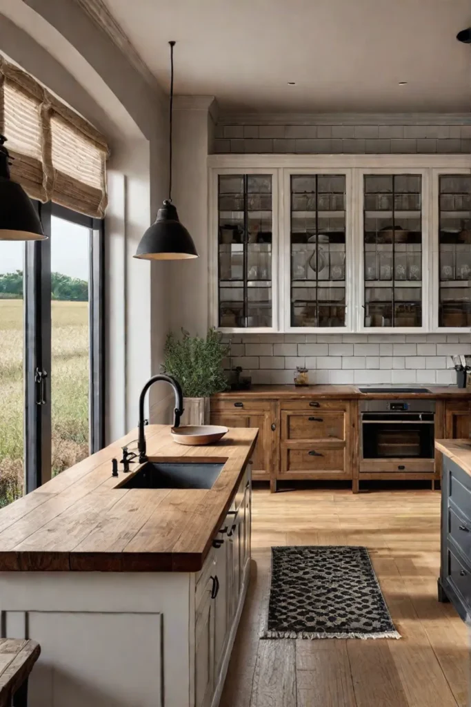 A cozy farmhouse kitchen with a warm neutral color palette featuring farmhouseinspired