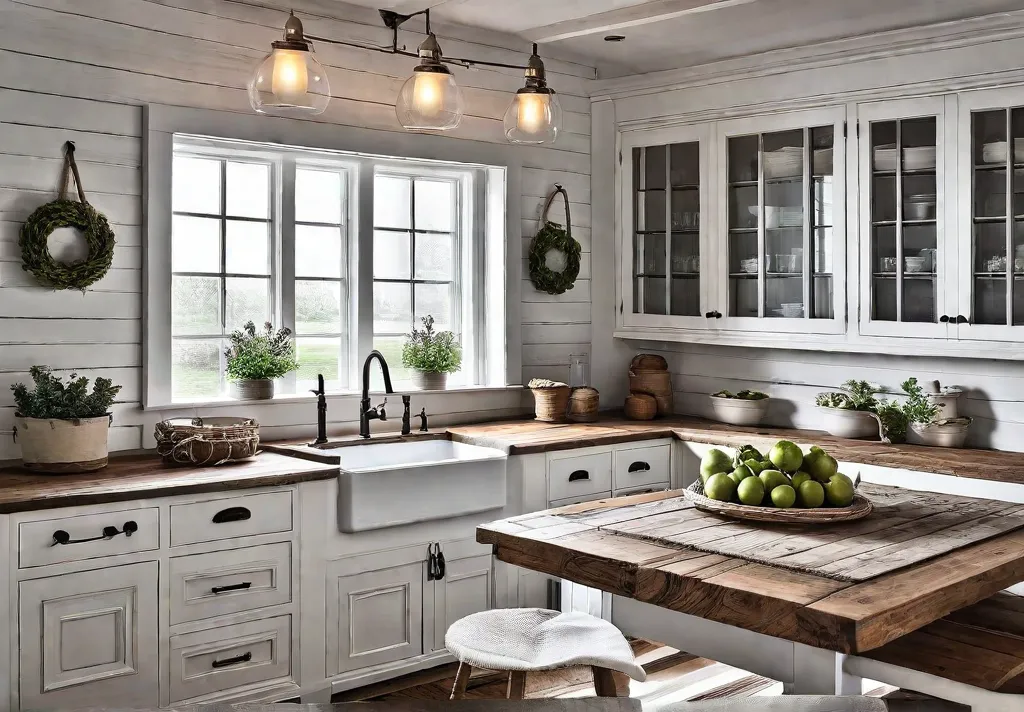A cozy farmhouse kitchen with shiplap walls a large farmhouse sink andfeat