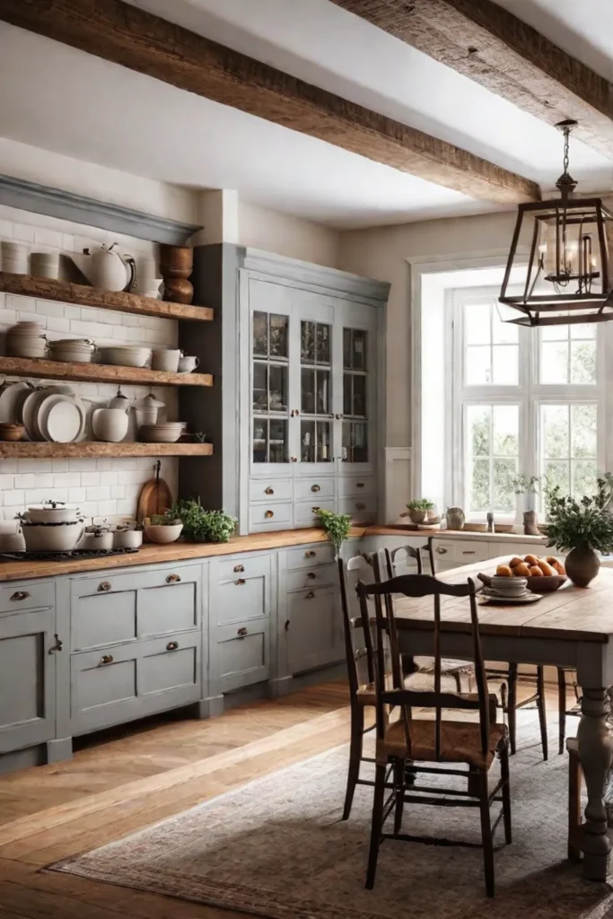 A cozy farmhouse kitchen with warm earthy tones vintageinspired hardware and a