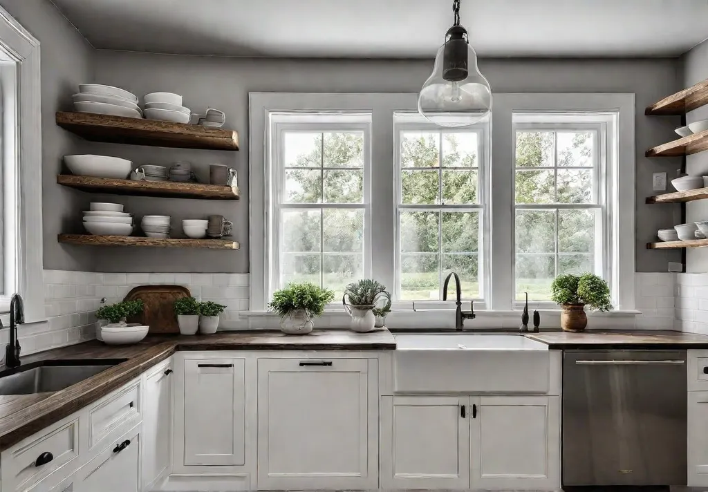 A cozy farmhouse kitchen with white shakerstyle cabinets a farmhouse sink andfeat