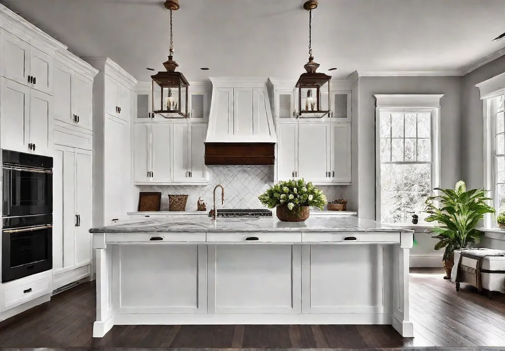 A cozy kitchen with traditional white shaker cabinets marble countertops and afeat