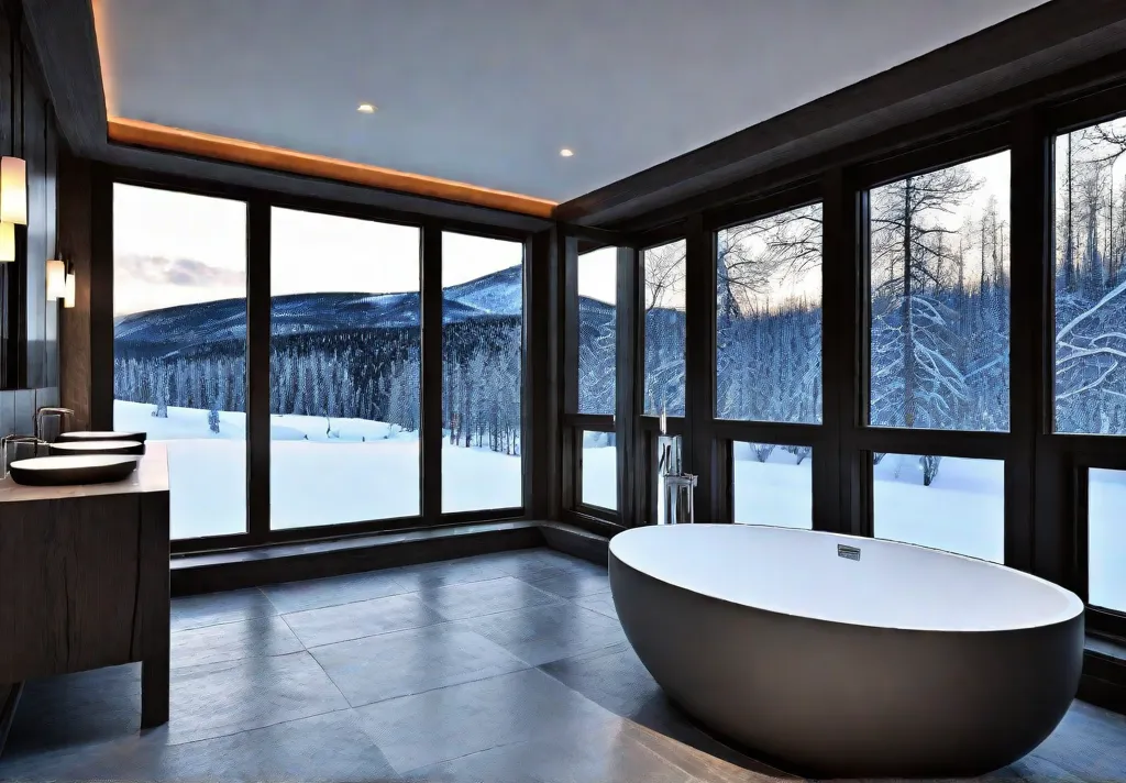 A cozy minimalist bathroom with large windows overlooking a snowy landscape Underfloorfeat