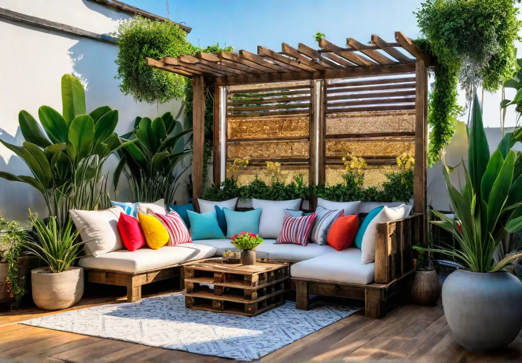A cozy patio with a DIY pergola built from reclaimed wood drapedfeat