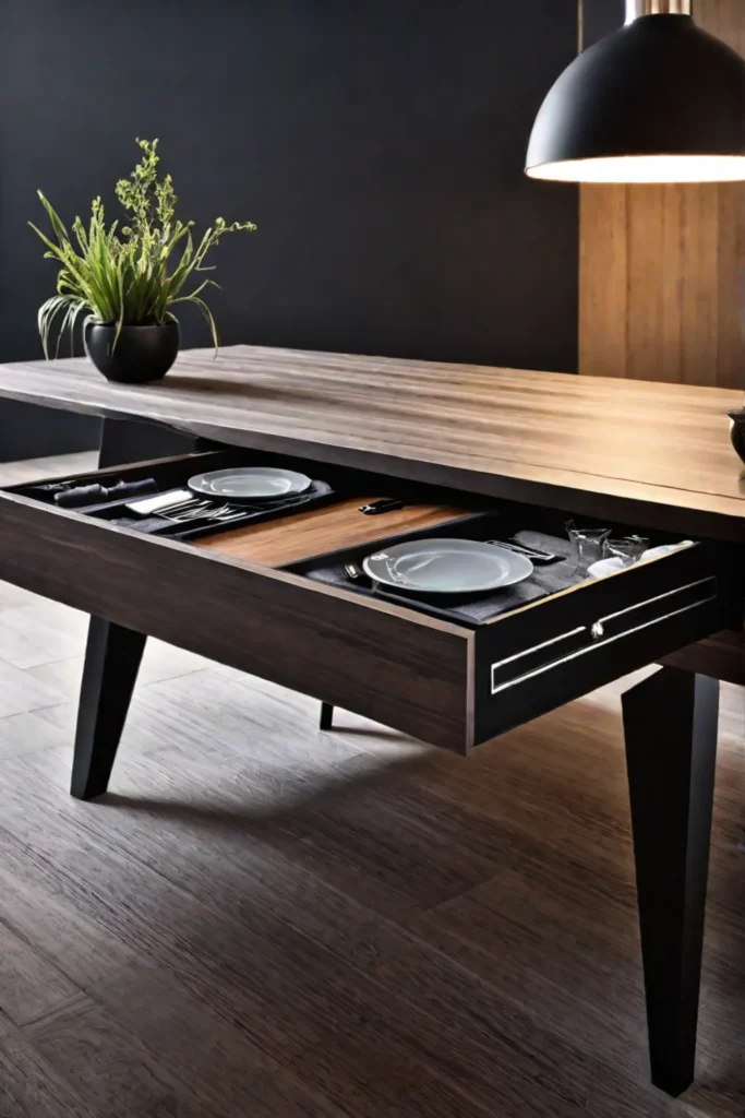 A dining table with a hidden storage compartment for tableware and accessories