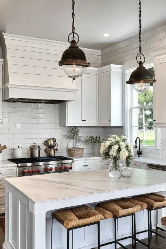 A farmhouse kitchen featuring a backsplash that combines shiplap and subway tile