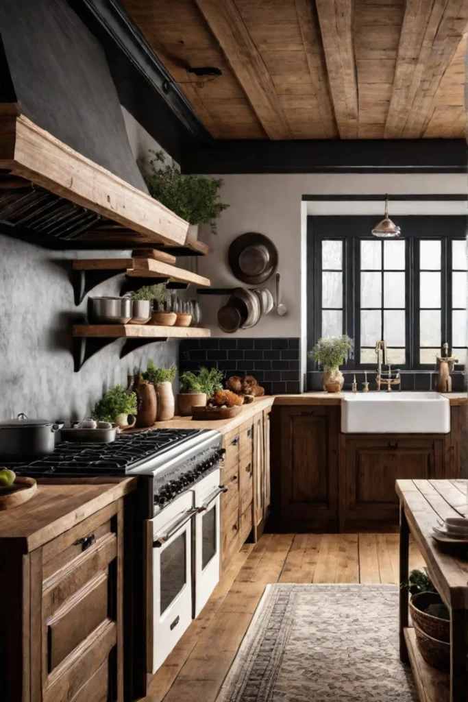 A farmhouse kitchen featuring a statement range or oven surrounded by rustic