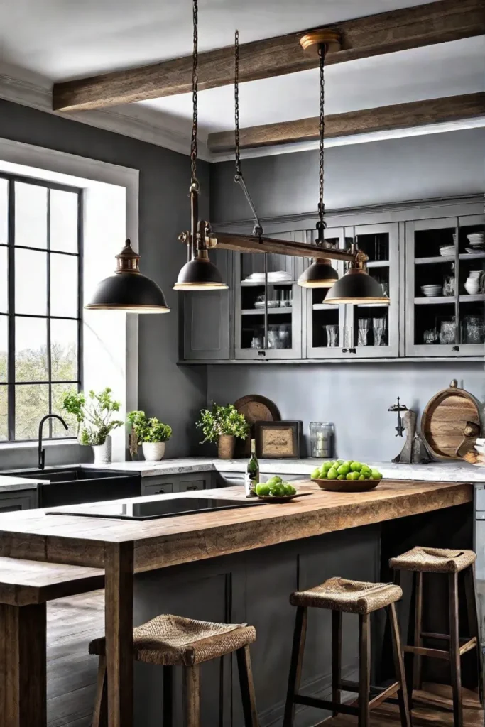 A farmhouse kitchen featuring lighting fixtures with a rustic metal finish or