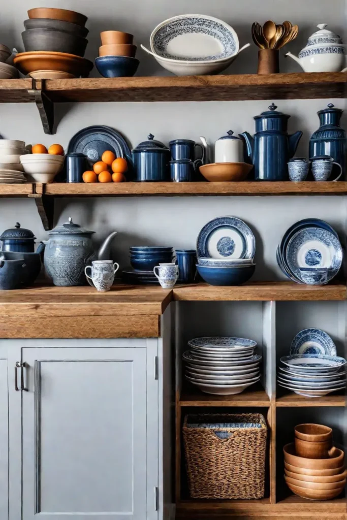 A farmhouse kitchen showcasing open shelving filled with a collection of pottery