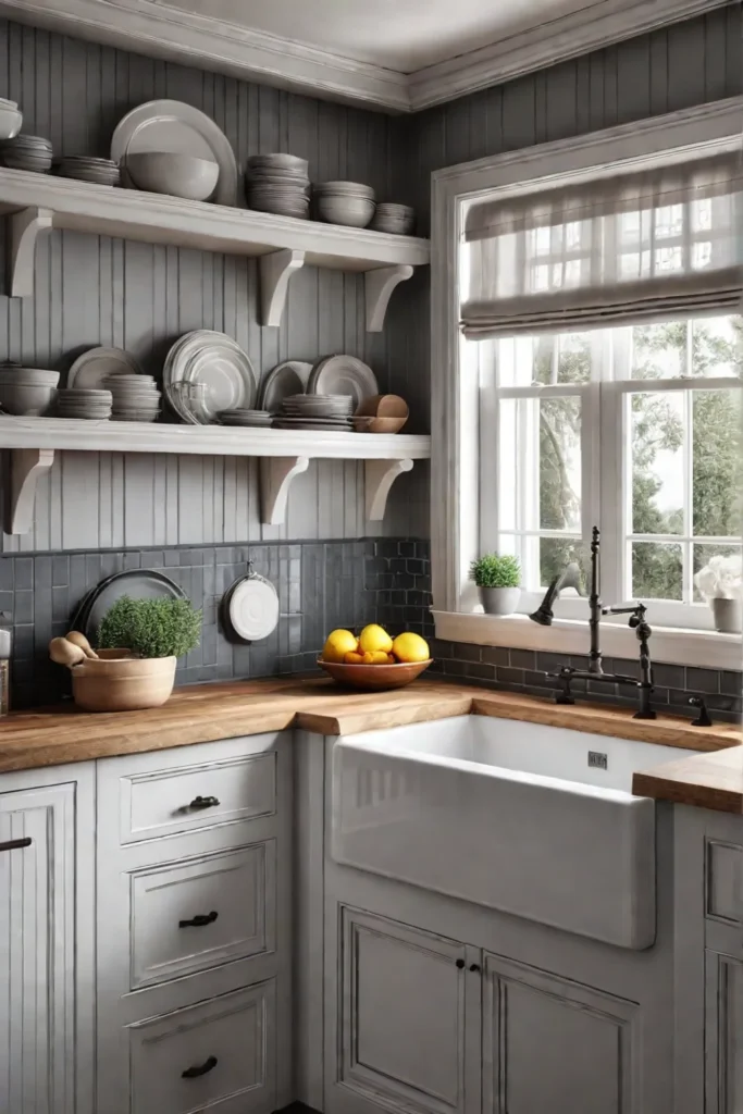 A farmhouse kitchen with a backsplash that blends beadboard and subway tile