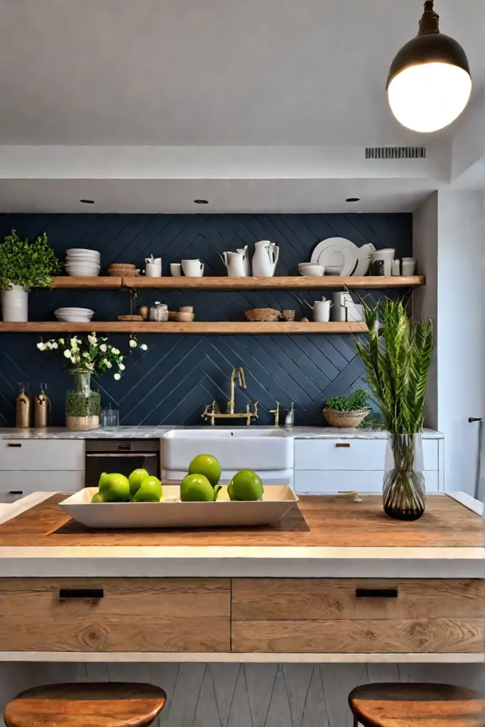 A farmhouse kitchen with a backsplash that blends shiplap and herringbone tile