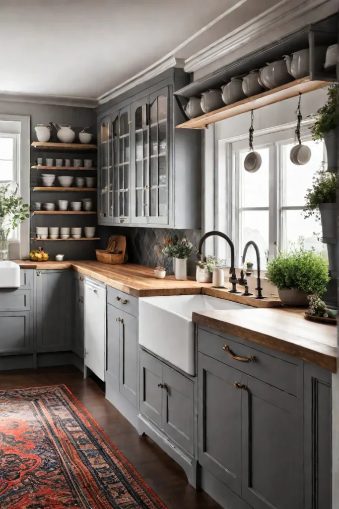 A farmhouse kitchen with a blend of open and closed cabinetry offering