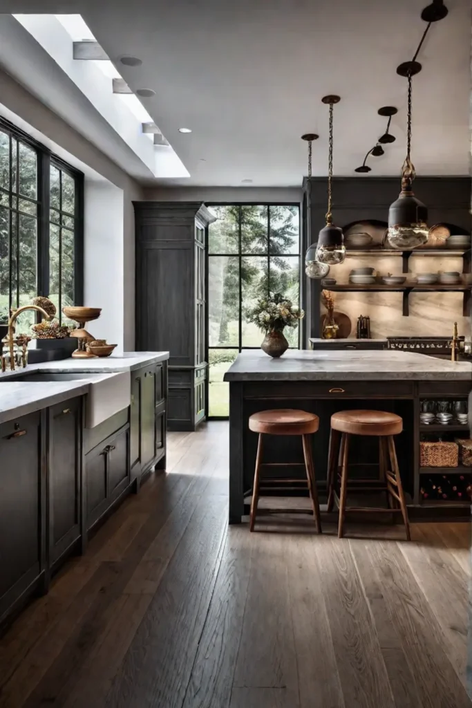 A farmhouse kitchen with a custombuilt island that offers ample storage seating