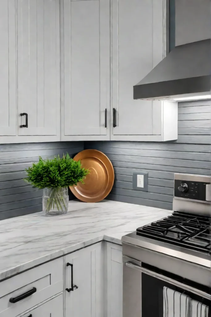 A farmhouse kitchen with a peelandstick shiplap backsplash showcasing an affordable and