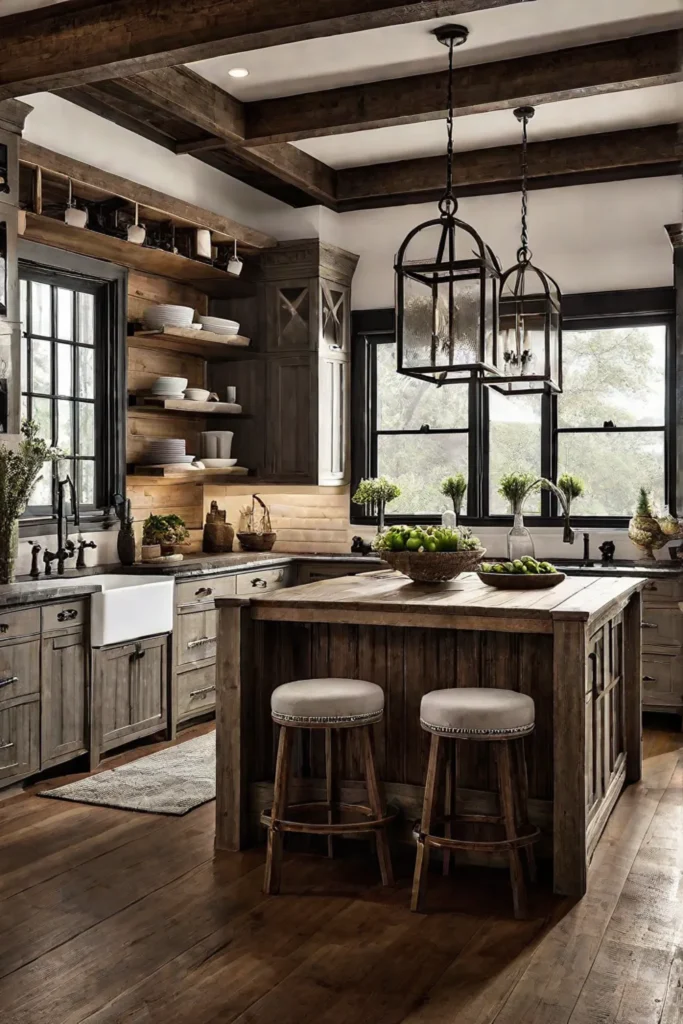 A farmhouse kitchen with a reclaimed wood backsplash a farmhousestyle island and