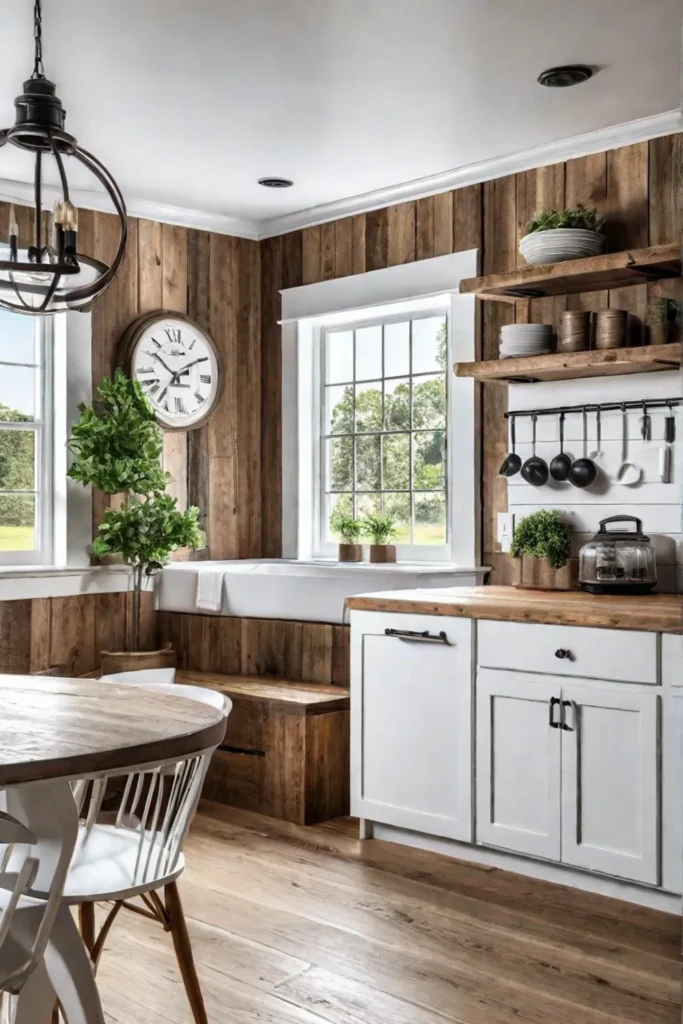 A farmhouse kitchen with a shiplap accent wall a blend of reclaimed