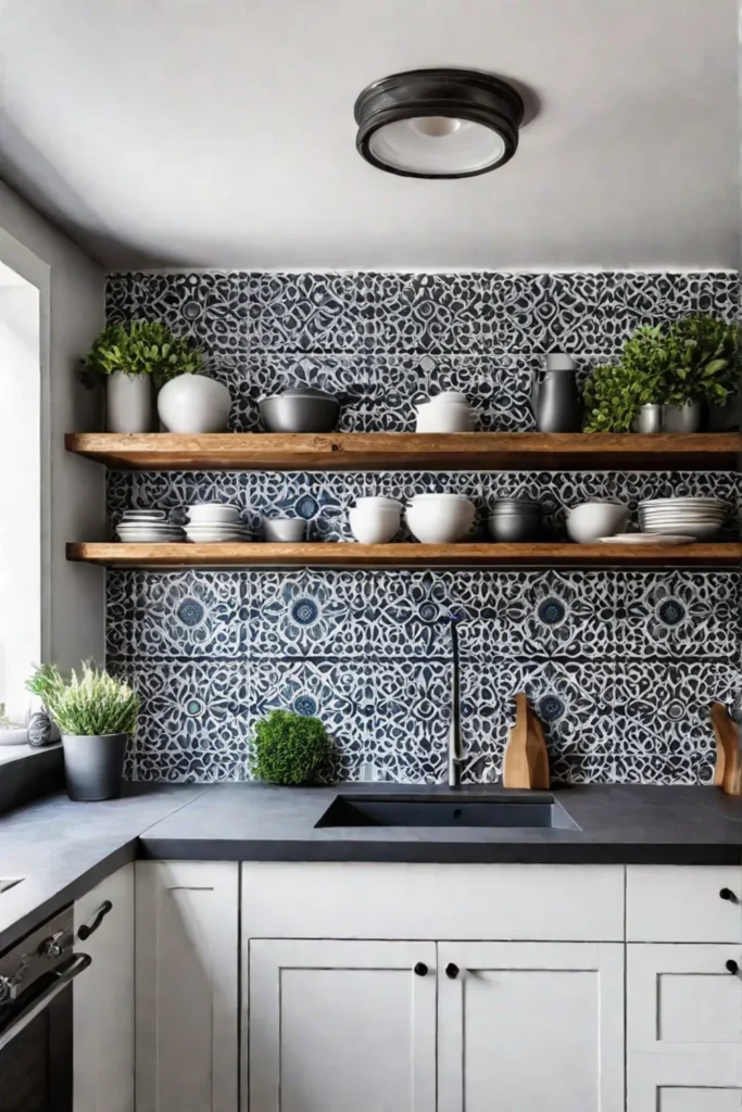 A farmhouse kitchen with a striking patterned tile backsplash open shelving and