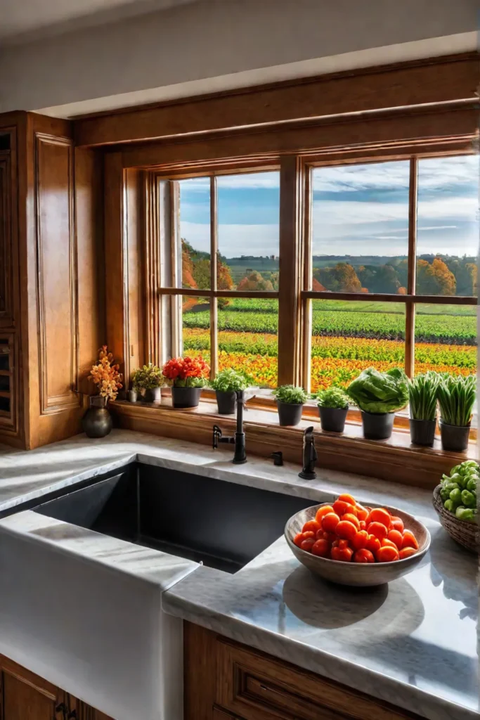 A farmhouse kitchen with a view of a fall vegetable garden and
