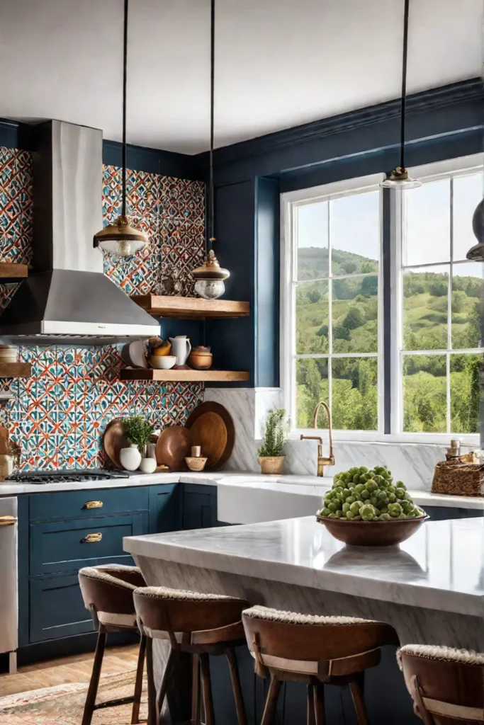 A farmhouse kitchen with a vintageinspired aesthetic featuring antique lighting fixtures a