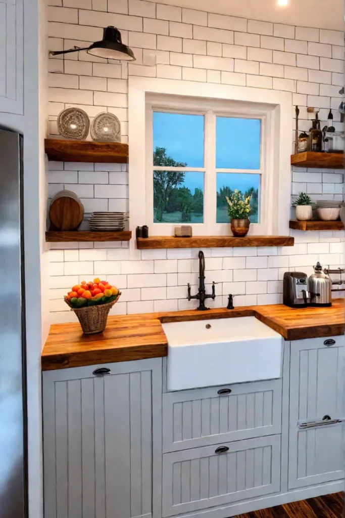 A farmhouse kitchen with butcher block wood countertops and a rustic sink
