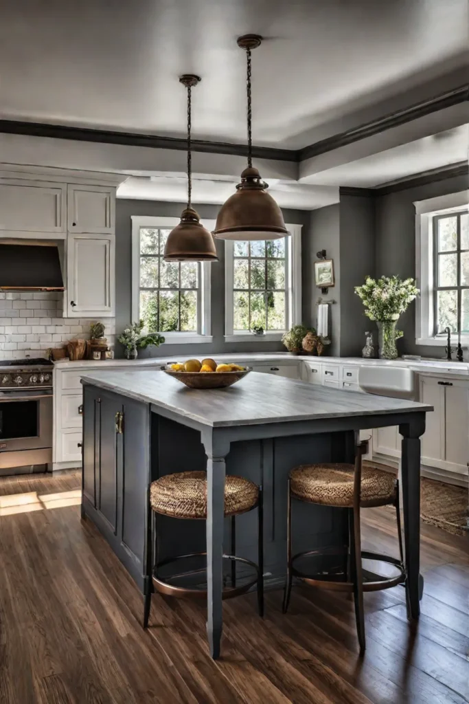 A farmhouseinspired kitchen featuring a prominent island a blend of open and