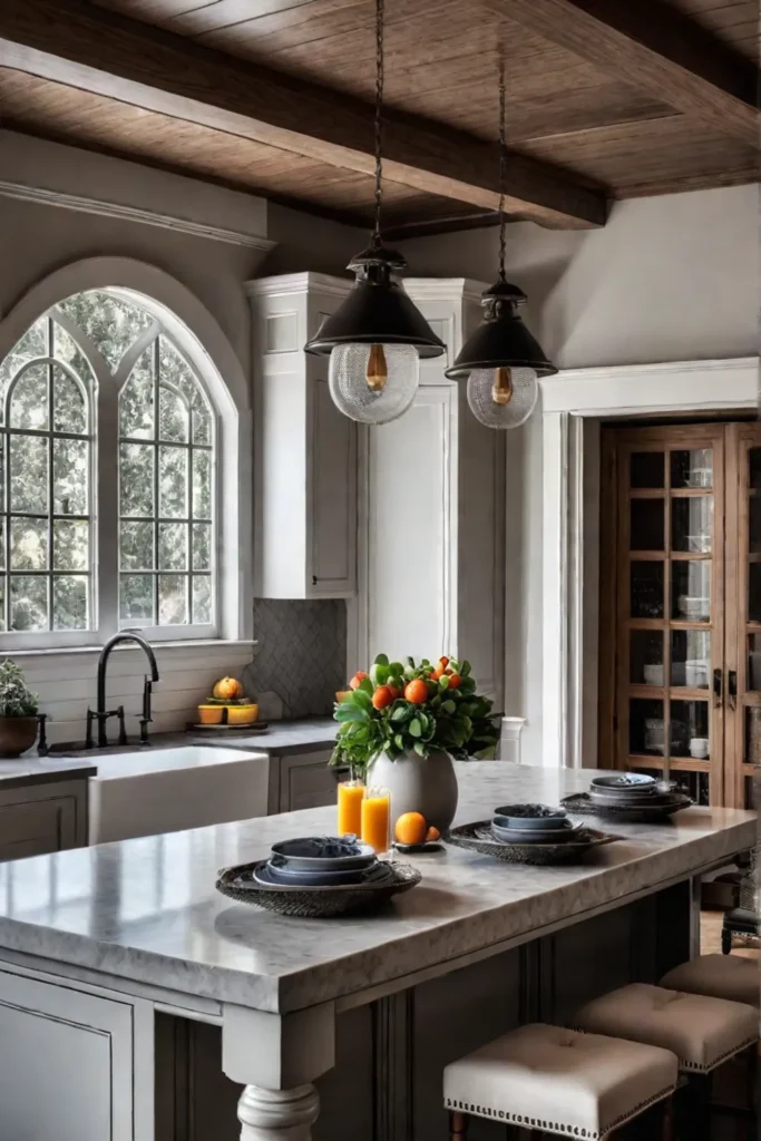 A farmhouseinspired kitchen featuring a prominent island a combination of open shelving